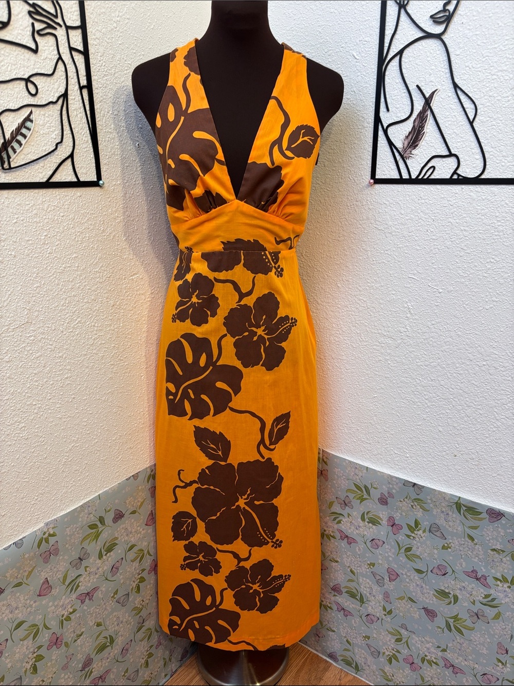 Vintage 1970’s Hawaiian Palm orange and brown floral halter maxi dress. Size S.
